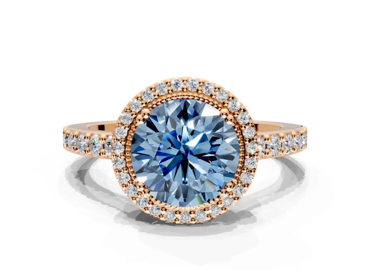 Halo Engagement Ring Setting for Fancy Blue Round Cut Center with Inner Milgrain Border and Prong Head in Rose Gold
