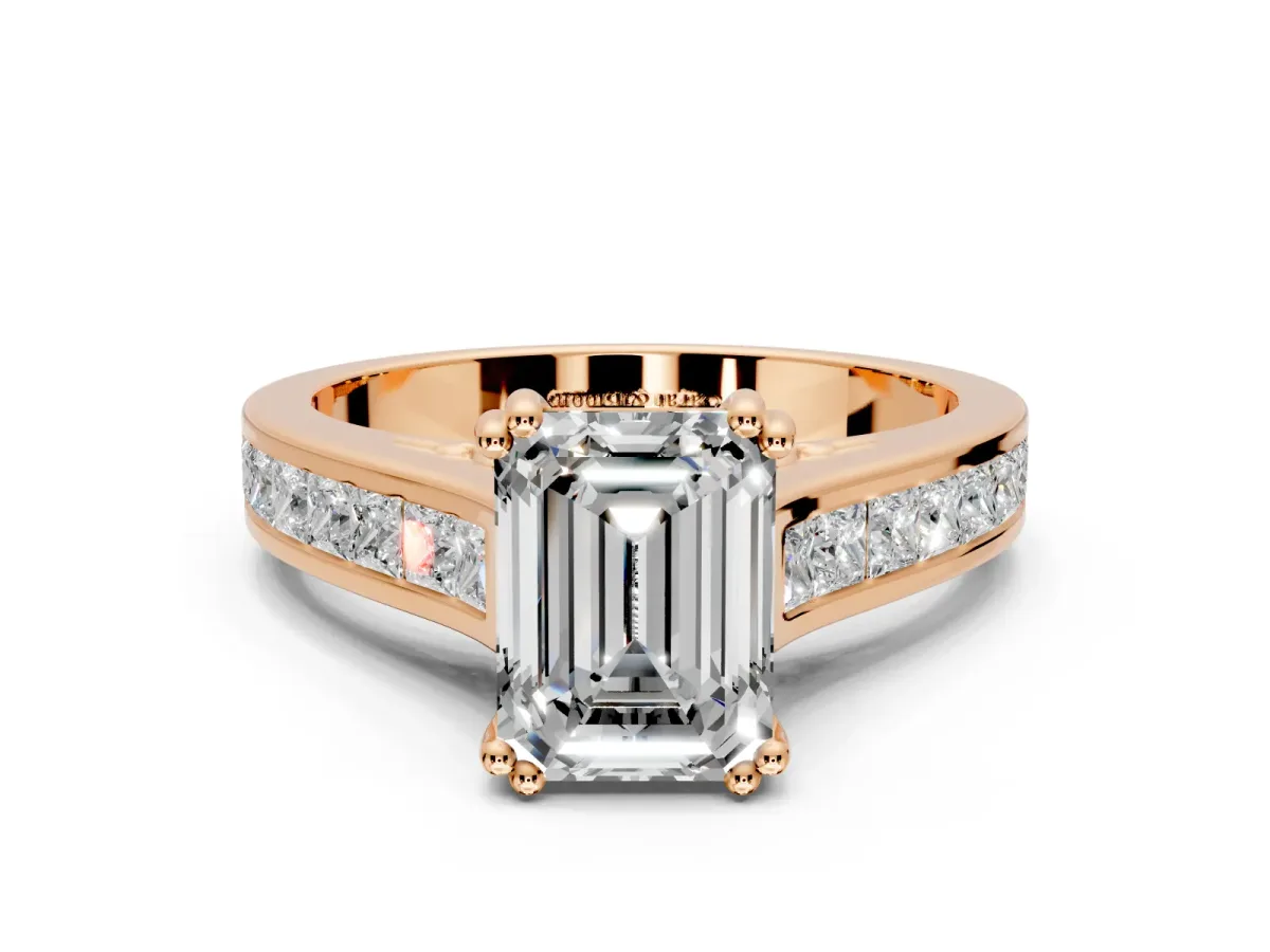 Solitaire Engagement Ring Setting for Emerald Cut Center with Channel Band and Double Claw Prong Head in Rose Gold