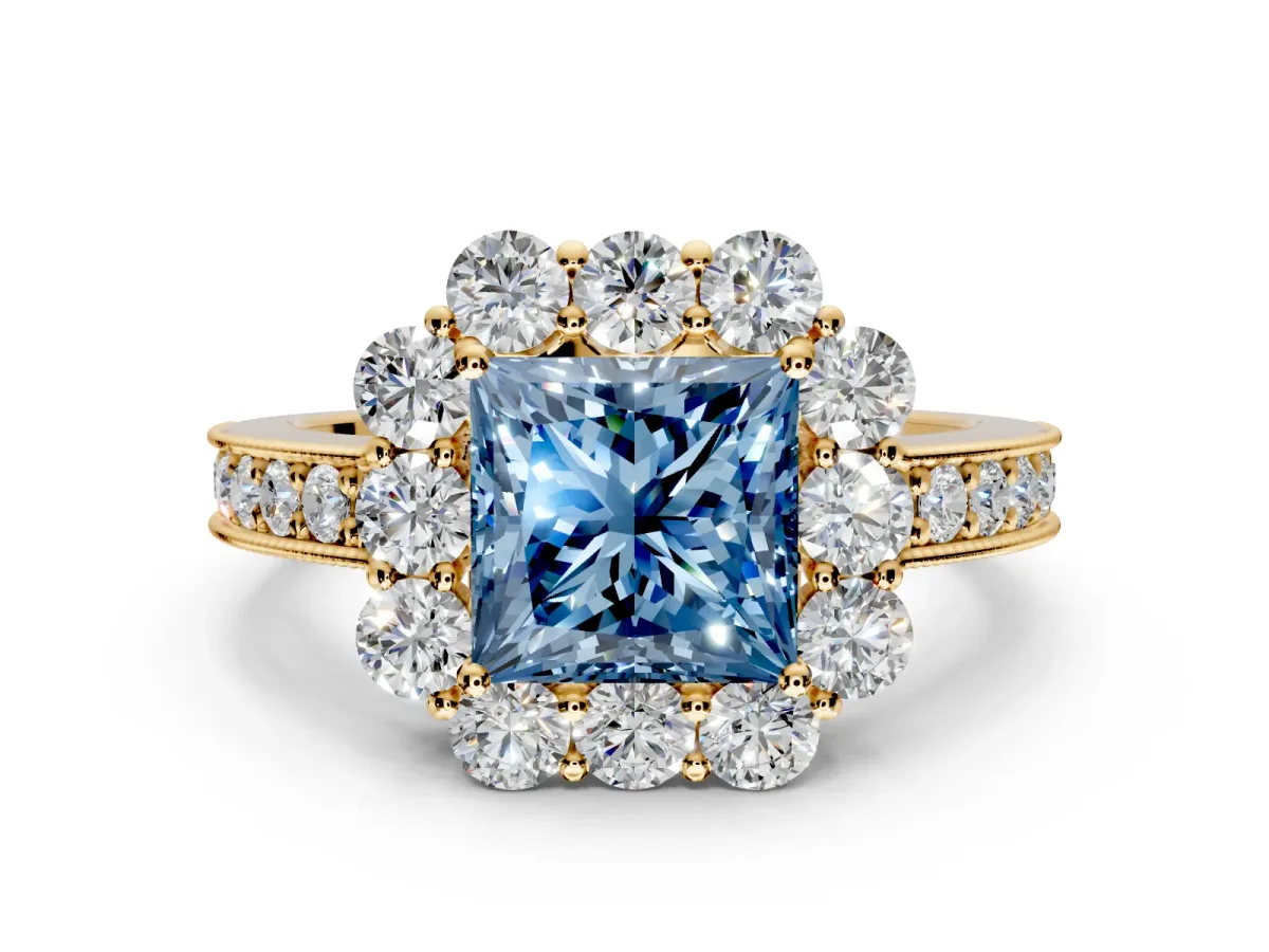 Halo Engagement Ring Setting for Fancy Blue Princess Cut Center with Milgrain Channel Band and Prong Head in Yellow Gold