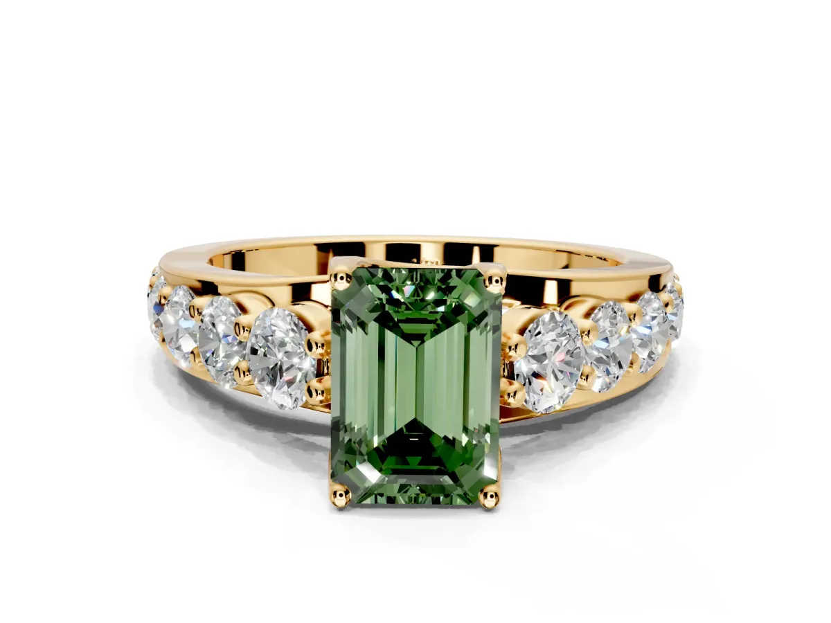 Solitaire Engagement Ring Setting for Fancy Green Emerald Cut Center with Graduated Shared Prongs and Prong Head in Yellow Gold