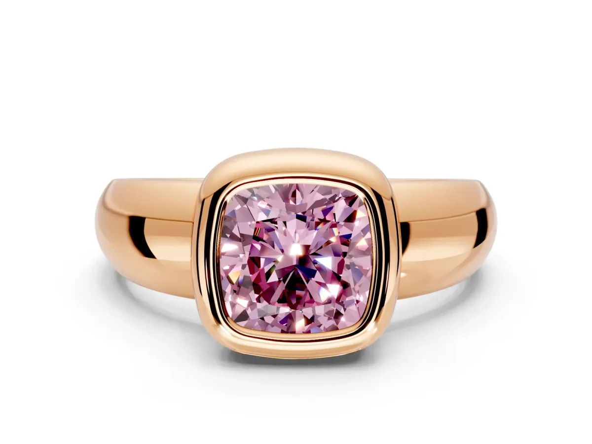 Solitaire Engagement Ring Setting for Fancy Pink Cushion Cut Center with Wide Band and Bezel Head in Rose Gold