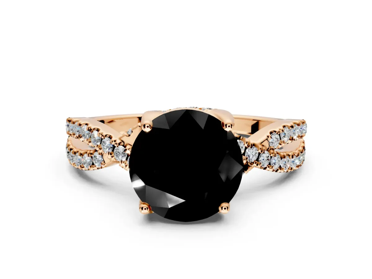 Solitaire Engagement Ring Setting for Fancy Black Round Cut Center with Narrow Twist Pave Band and Prong Head in Rose Gold