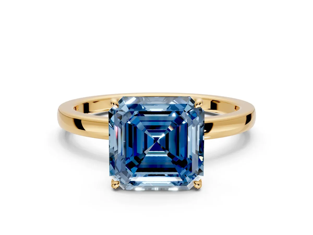 Solitaire Engagement Ring Setting for Fancy Blue Asscher Cut Center with Thin Rounded Plain Band and Prong Head in Yellow Gold