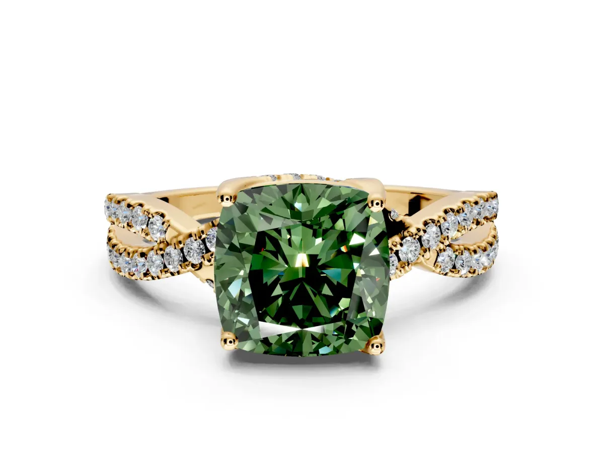 Solitaire Engagement Ring Setting for Fancy Green Cushion Cut Center with Narrow Twist Pave Band and Prong Head in Yellow Gold