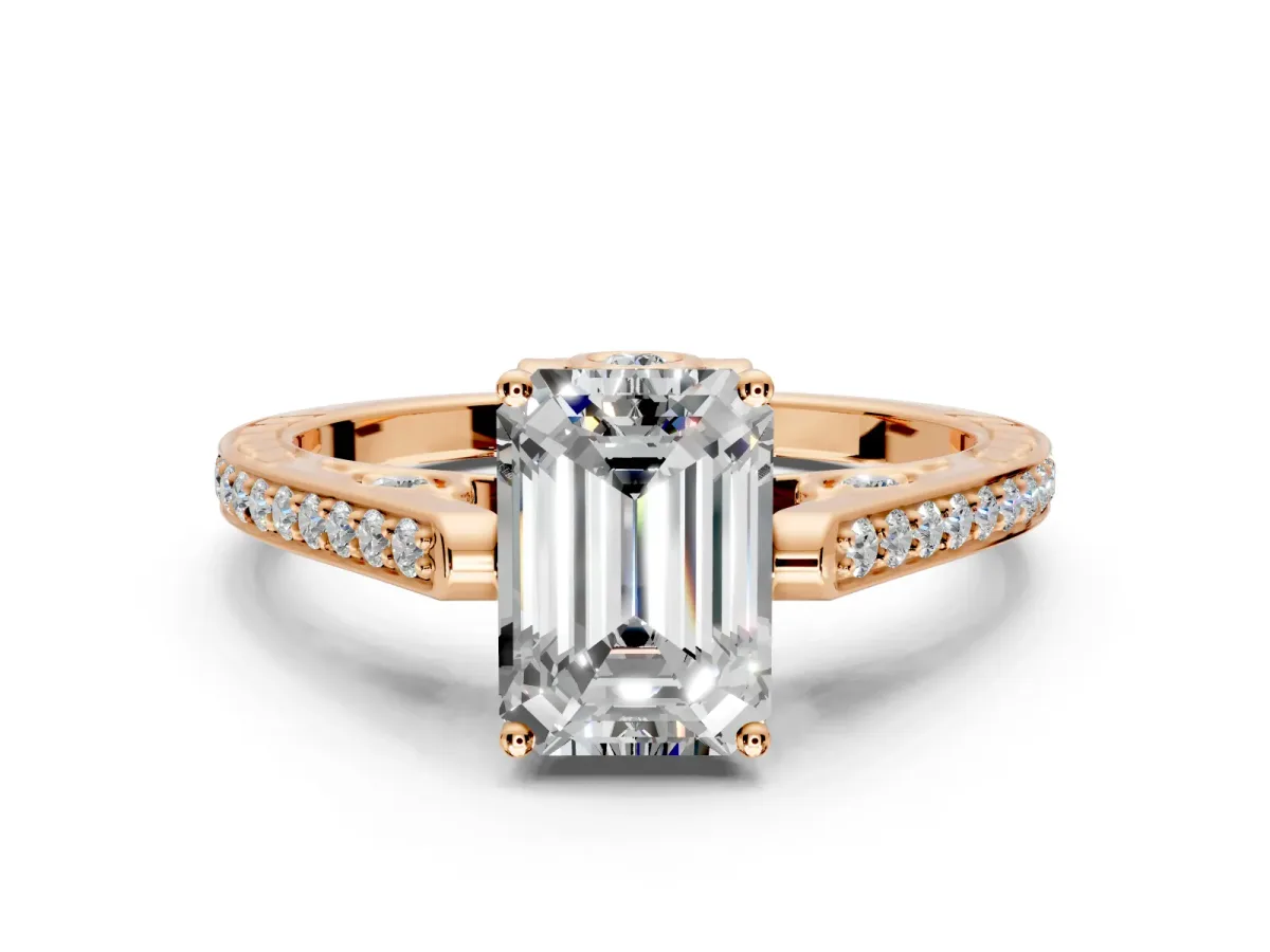Cathedral Engagement Ring Setting for Emerald Cut Center with Antique-Style Pave Band and Prong Head in Rose Gold