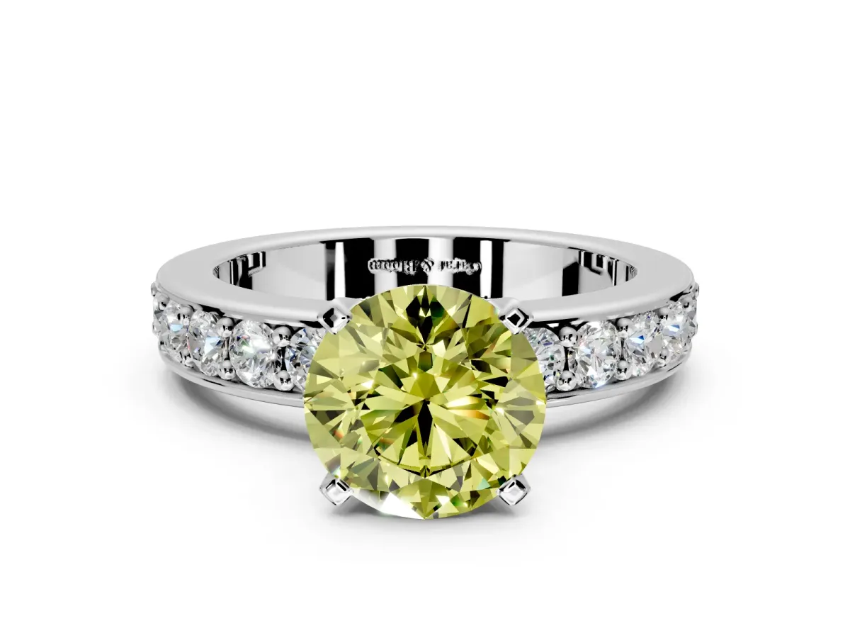 Solitaire Engagement Ring Setting for Fancy Yellow Round Cut Center with Channel-Set Accents and Prong Head in Platinum