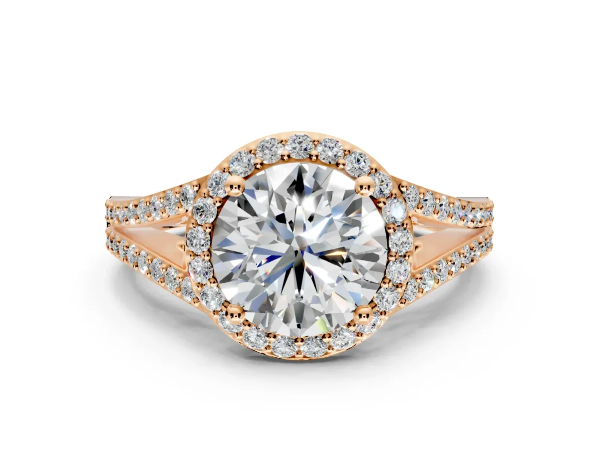 Halo Engagement Ring Setting for Round Cut Center with Pave Split Shank and Prong Head in Rose Gold