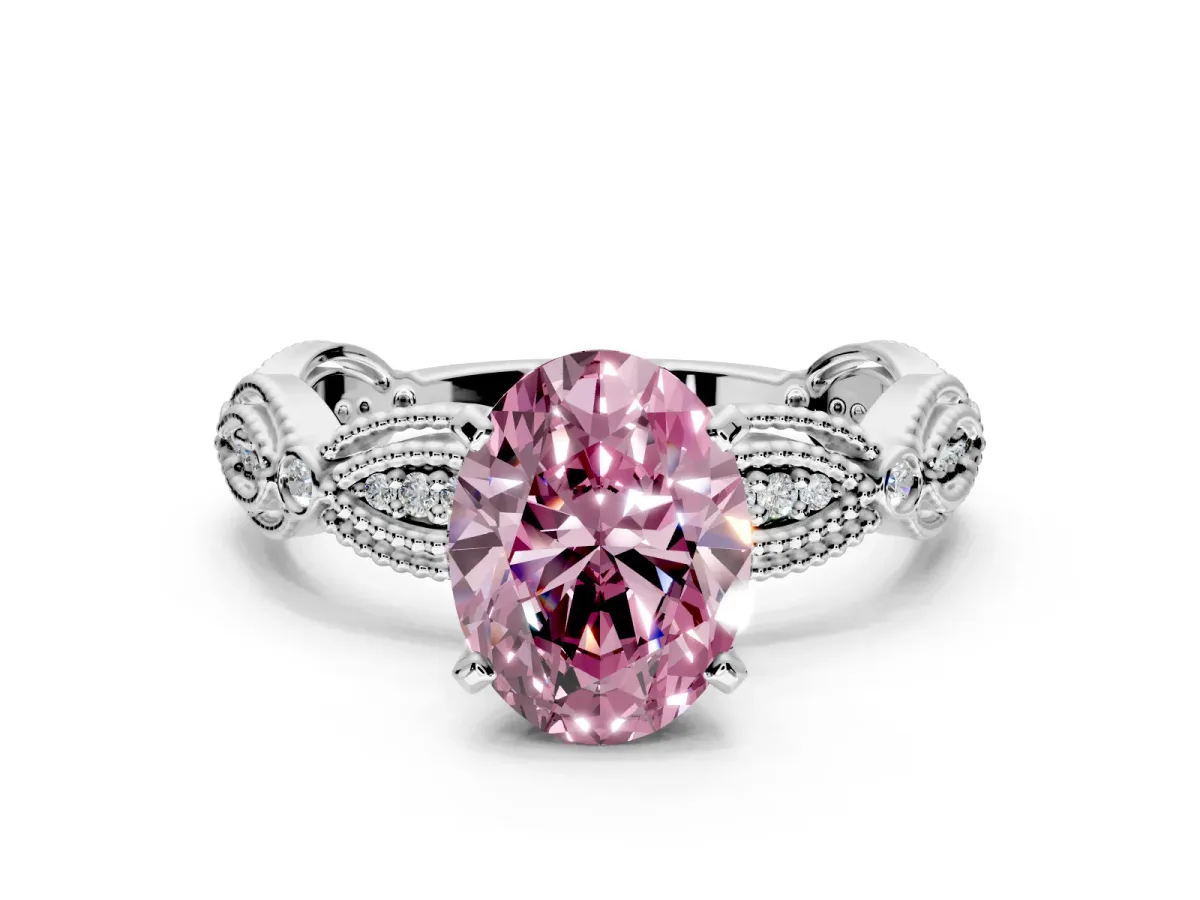 Solitaire Engagement Ring Setting for Fancy Pink Oval Center with Marquise Panel Band and Prong Head in Platinum