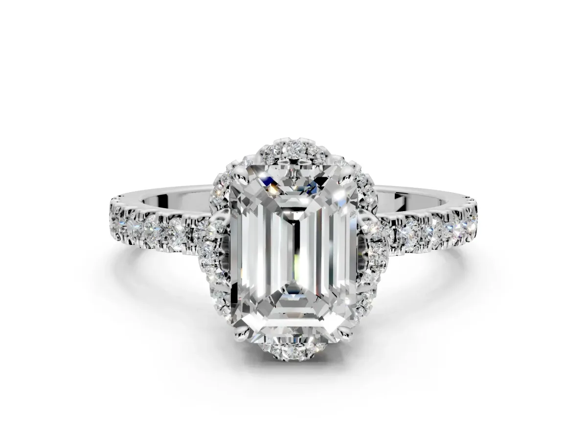 Halo Engagement Ring Setting for Emerald Cut Center with Openwork Halo, Pave Band and Prong Head in Sterling Silver