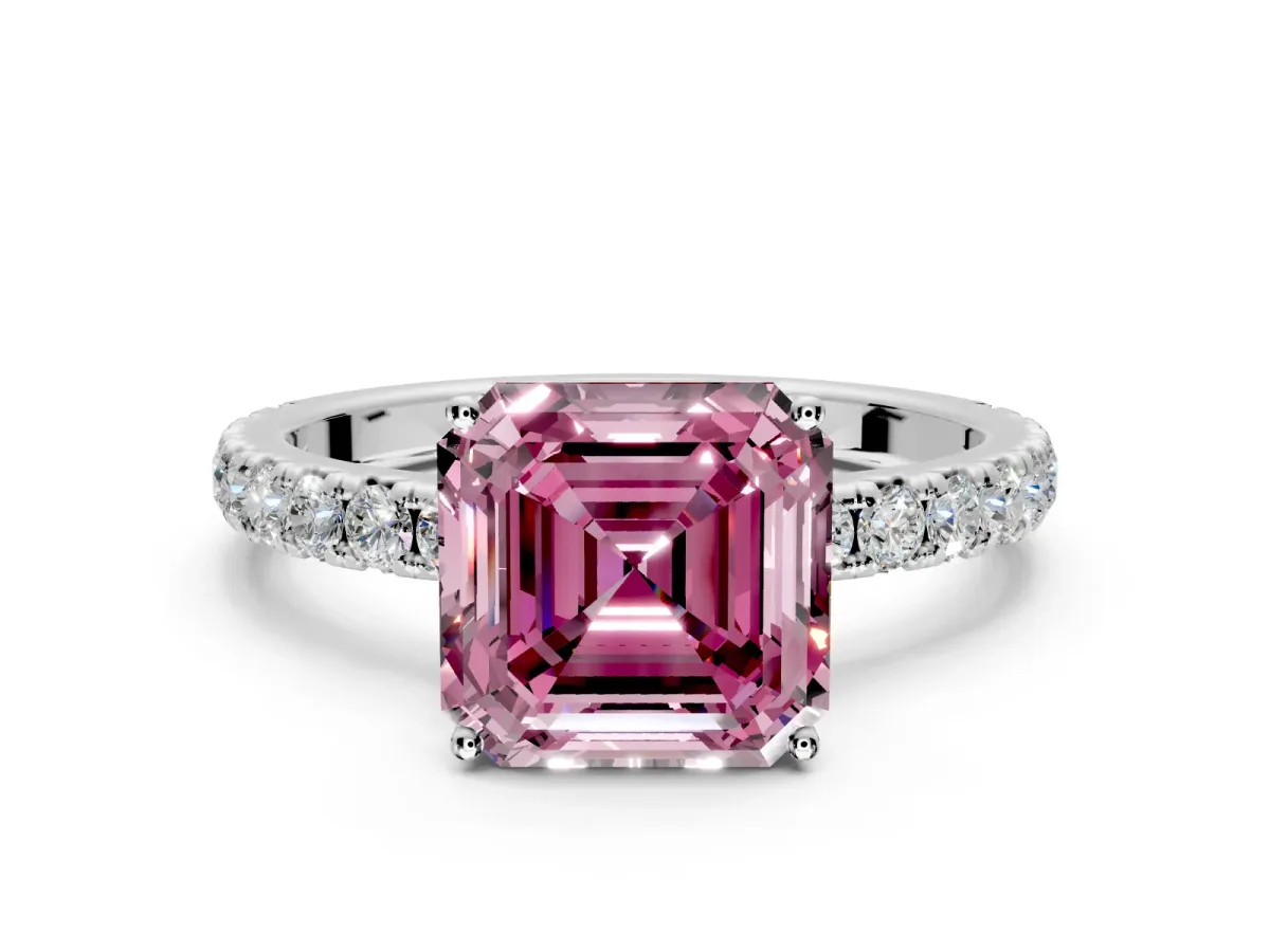 Solitaire Engagement Ring Setting for Fancy Pink Asscher Cut Center with Large Accent Band and Prong Head in Sterling Silver