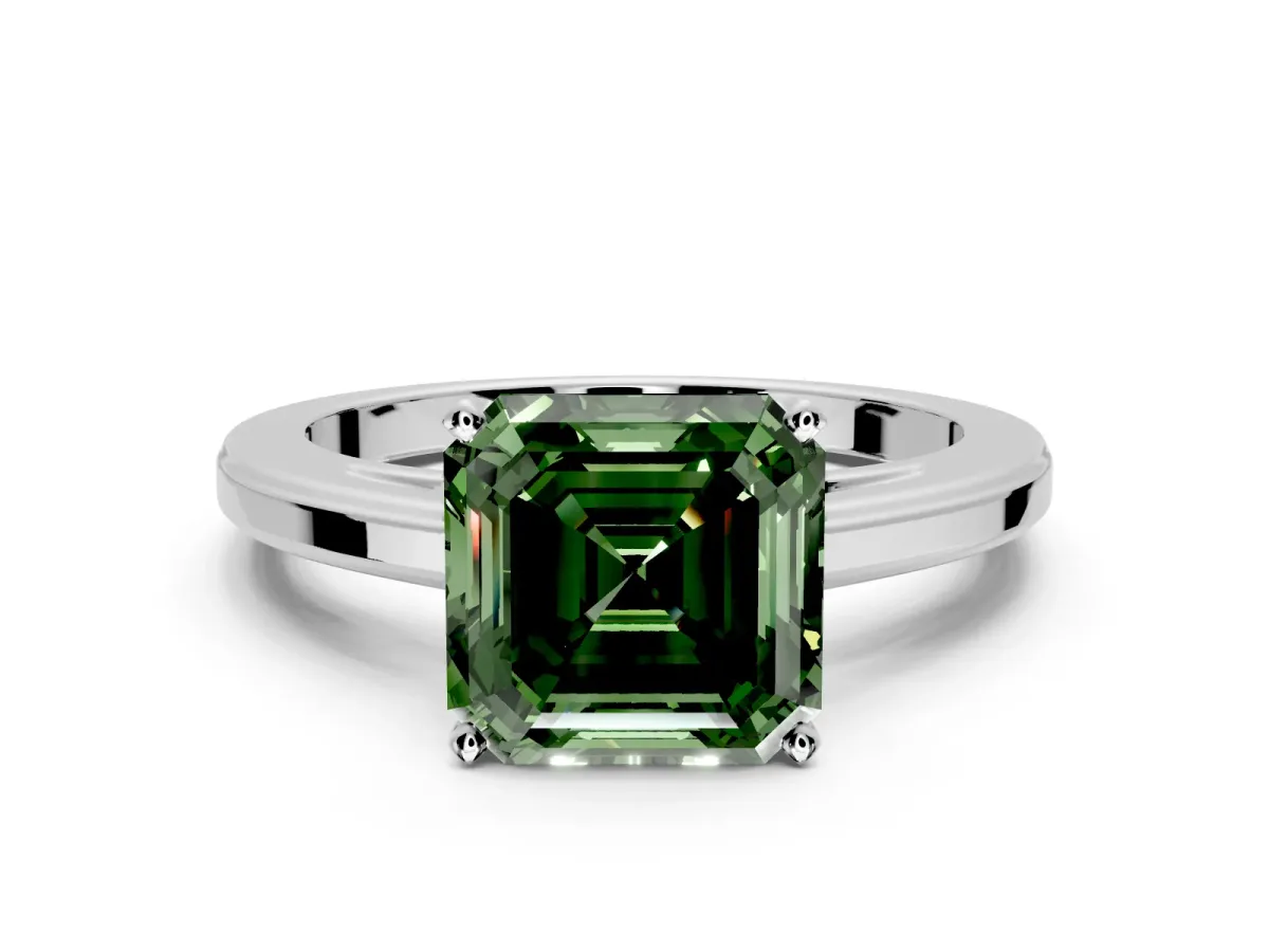 Solitaire Engagement Ring Setting for Fancy Green Asscher Cut Center with Flat-Sided Plain Band and Prong Head in Sterling Silver