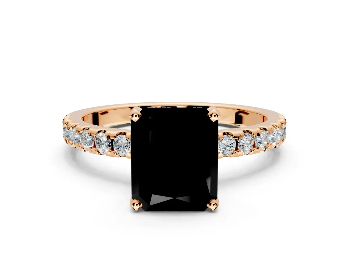 Solitaire Engagement Ring Setting for Fancy Black Radiant Cut Center with Band of Accents and Prong Head in Rose Gold