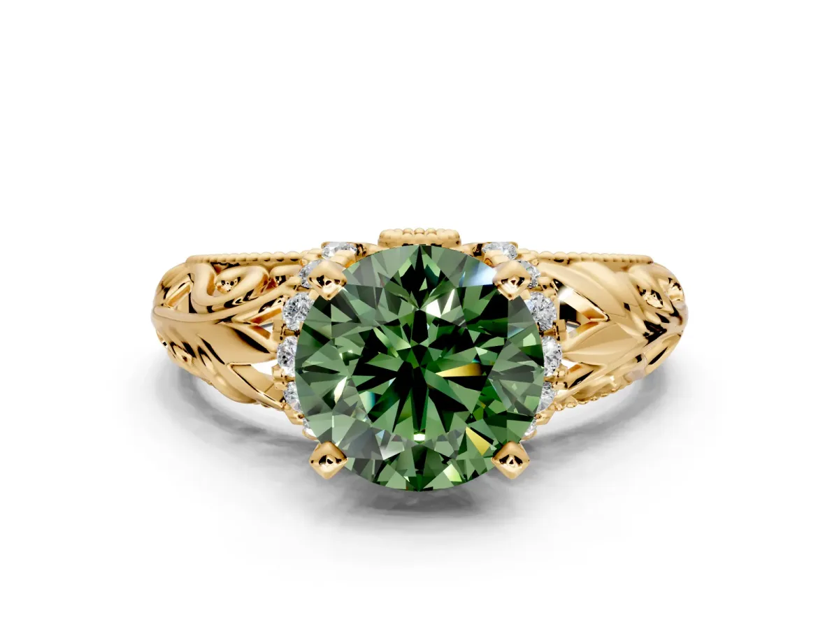 Solitaire Engagement Ring Setting for Fancy Green Round Cut Center with Filigree Accent Basket and Prong Head in Yellow Gold