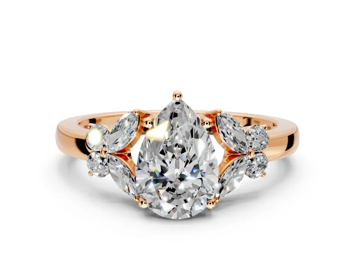 Solitaire Engagement Ring Setting for Pear-Shaped Center with Marquise Flower Shoulders and Prong Head in Rose Gold