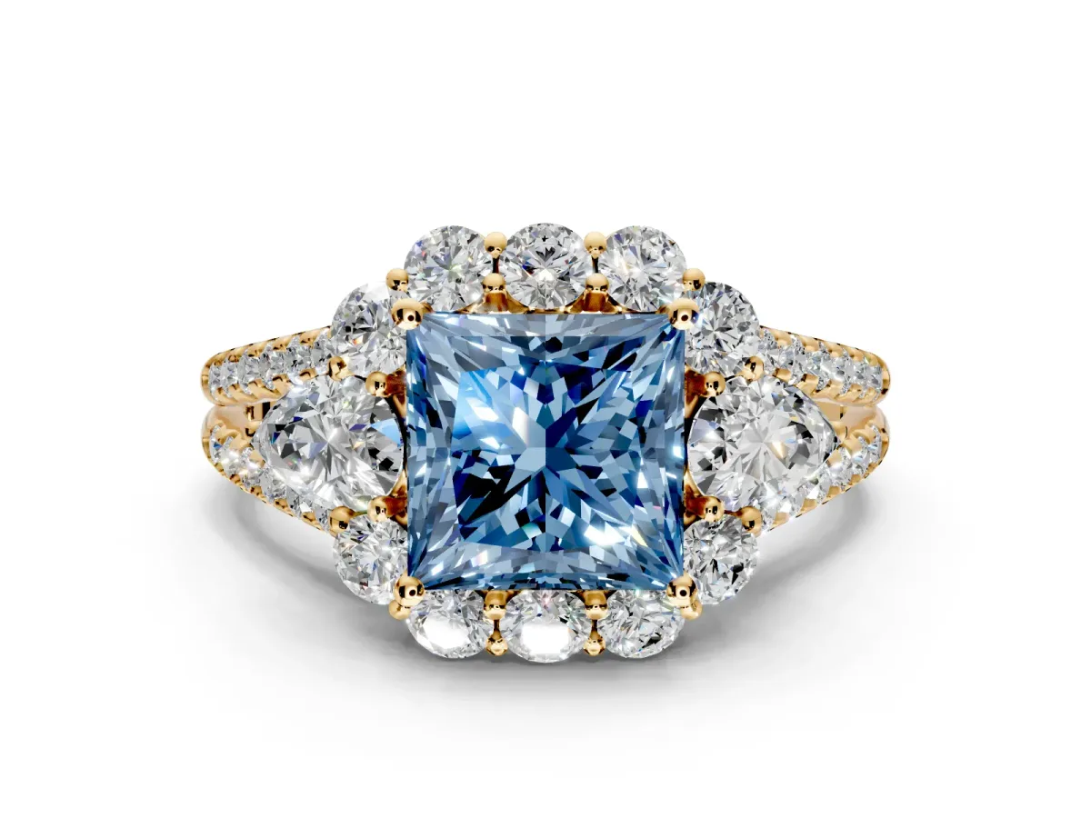 Halo Engagement Ring Setting for Fancy Blue Princess Cut Center with Two-Strand Split Shank and Prong Head in Yellow Gold