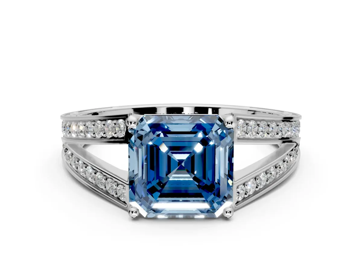 Split Shank Engagement Ring Setting for Fancy Blue Asscher Cut Center with Pave Split Shank and Prong Head in Platinum