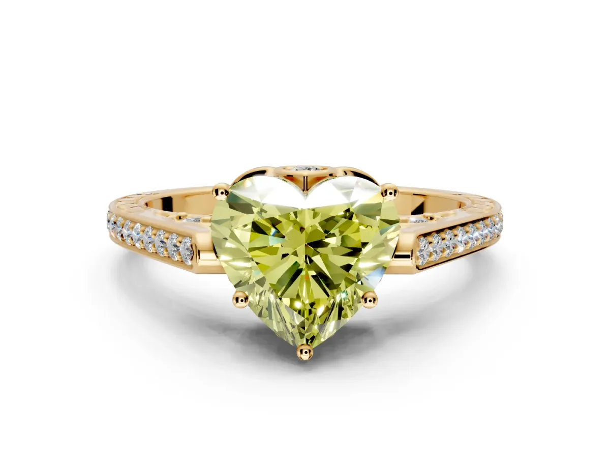 Cathedral Engagement Ring Setting for Fancy Yellow Heart-Shaped Center with Antique-Style Pave Band and Prong Head in Yellow Gold