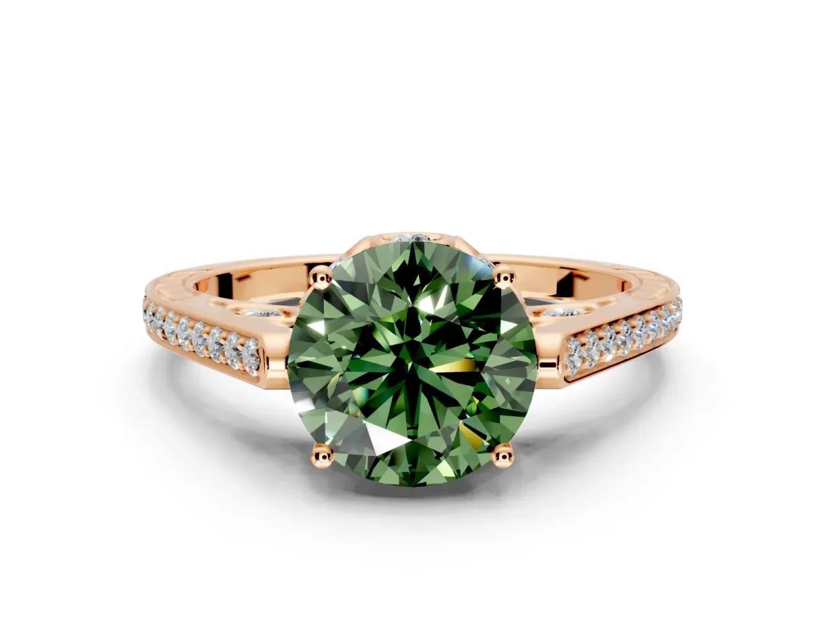 Cathedral Engagement Ring Setting for Fancy Green Round Cut Center with Antique-Style Pave Band and Prong Head in Rose Gold