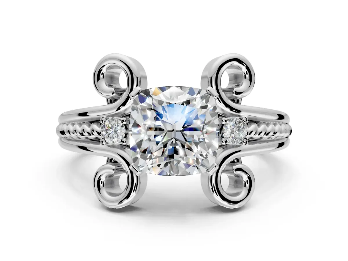 Solitaire Engagement Ring Setting for Cushion Cut Center with Twisted Band and Scroll Prong Head in Sterling Silver