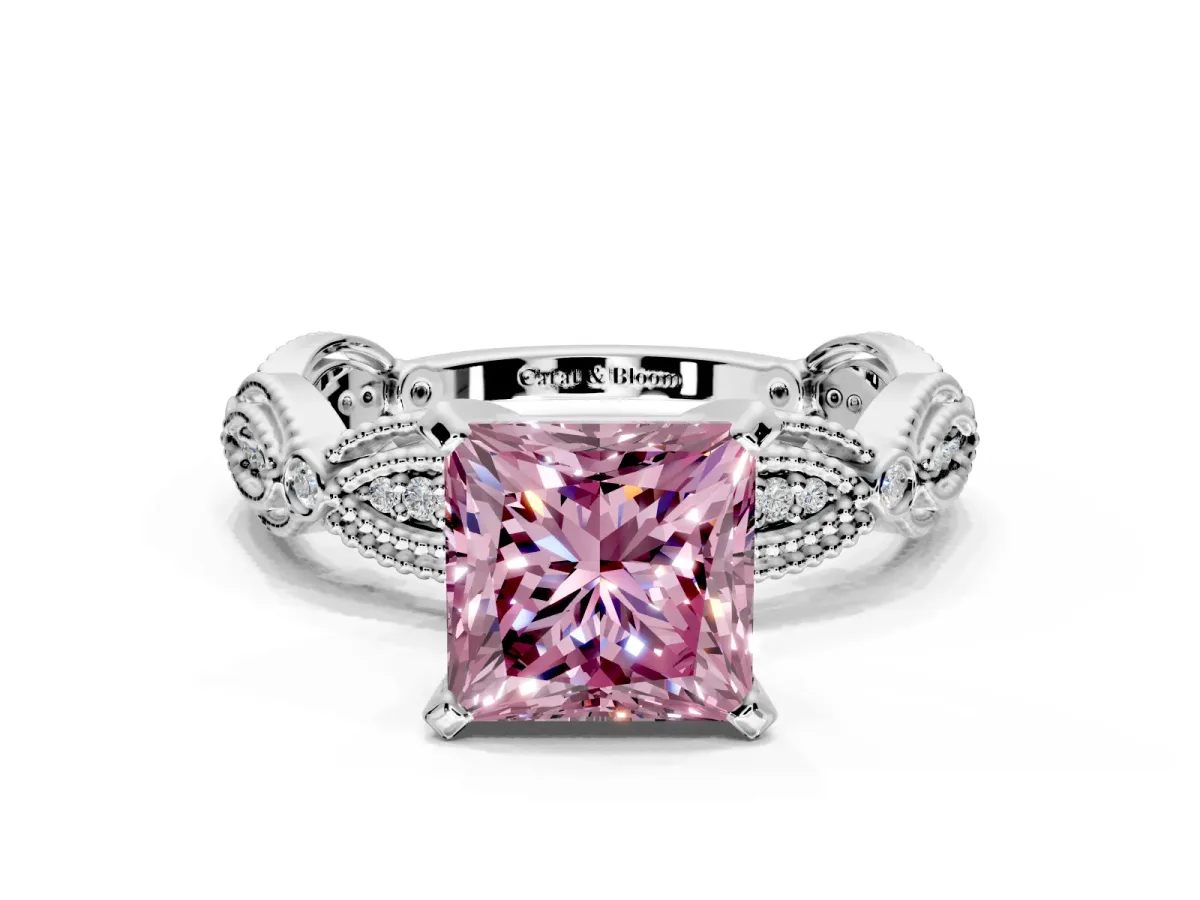Solitaire Engagement Ring Setting for Fancy Pink Princess Cut Center with Marquise Panel Band and Prong Head in Sterling Silver