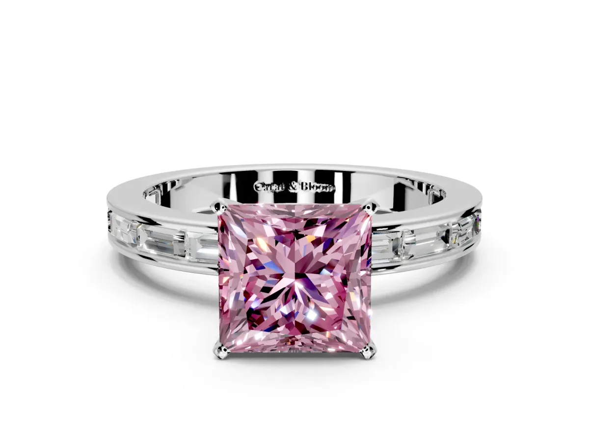 Solitaire Engagement Ring Setting for Fancy Pink Princess Cut Center with Channel Baguette Band and Prong Head in White Gold