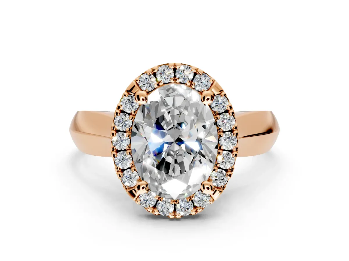 Halo Engagement Ring Setting for Oval Center with Square Band and Prong Head in Rose Gold