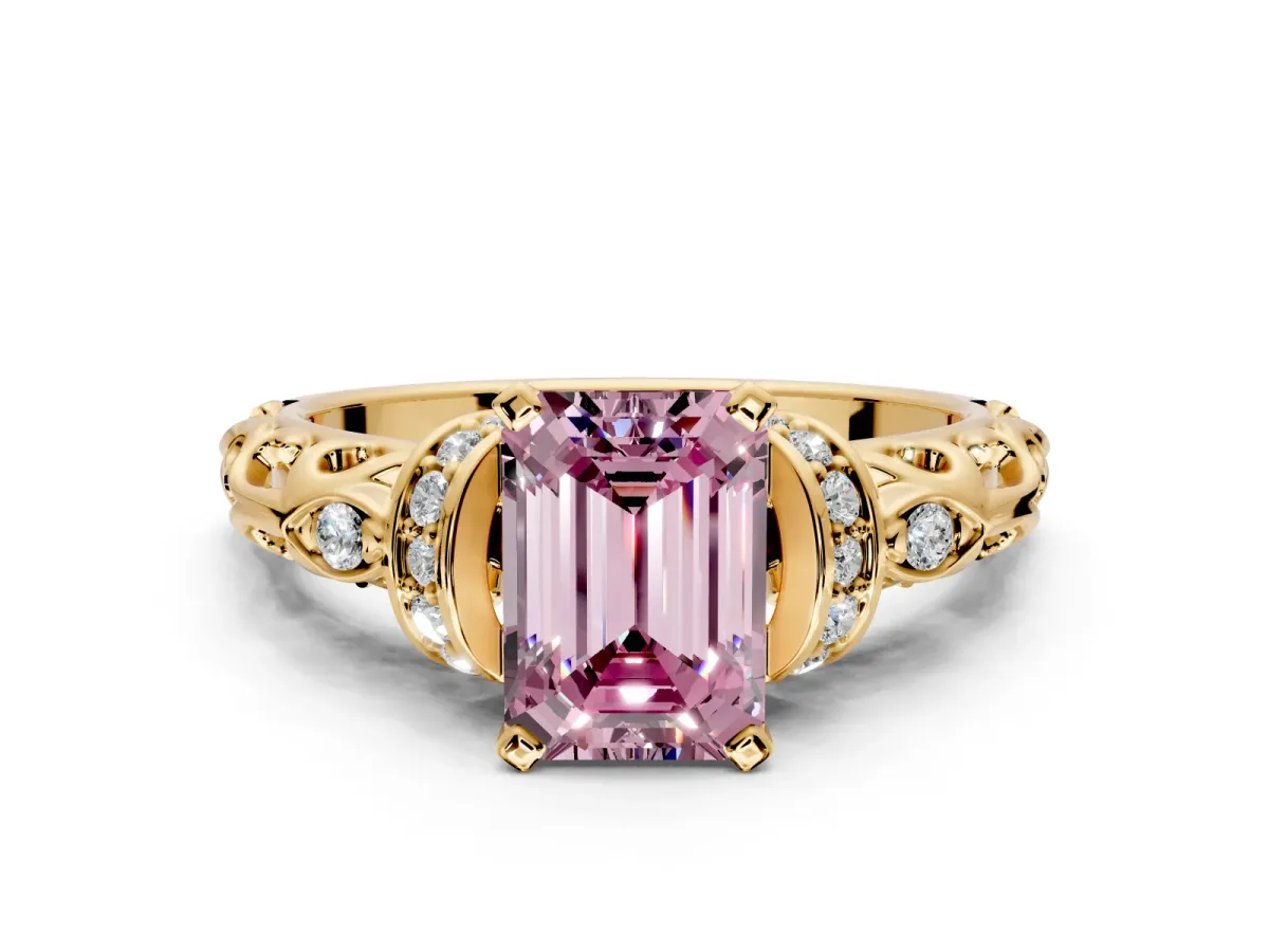 Solitaire Engagement Ring Setting for Fancy Pink Emerald Cut Center with Filigree Band and Prong Head in Yellow Gold