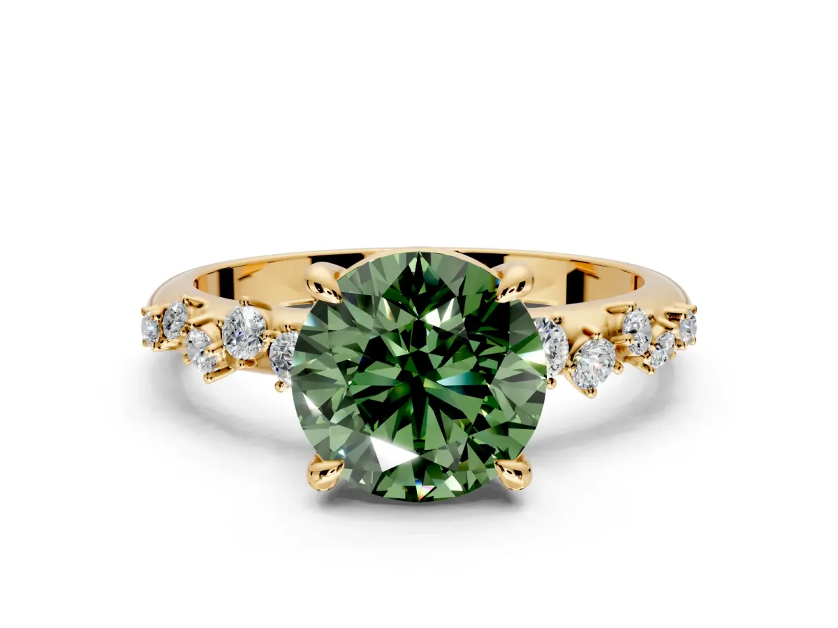 Solitaire Engagement Ring Setting for Fancy Green Round Cut Center with Trailing Leaf Accent Band and Prong Head in Yellow Gold