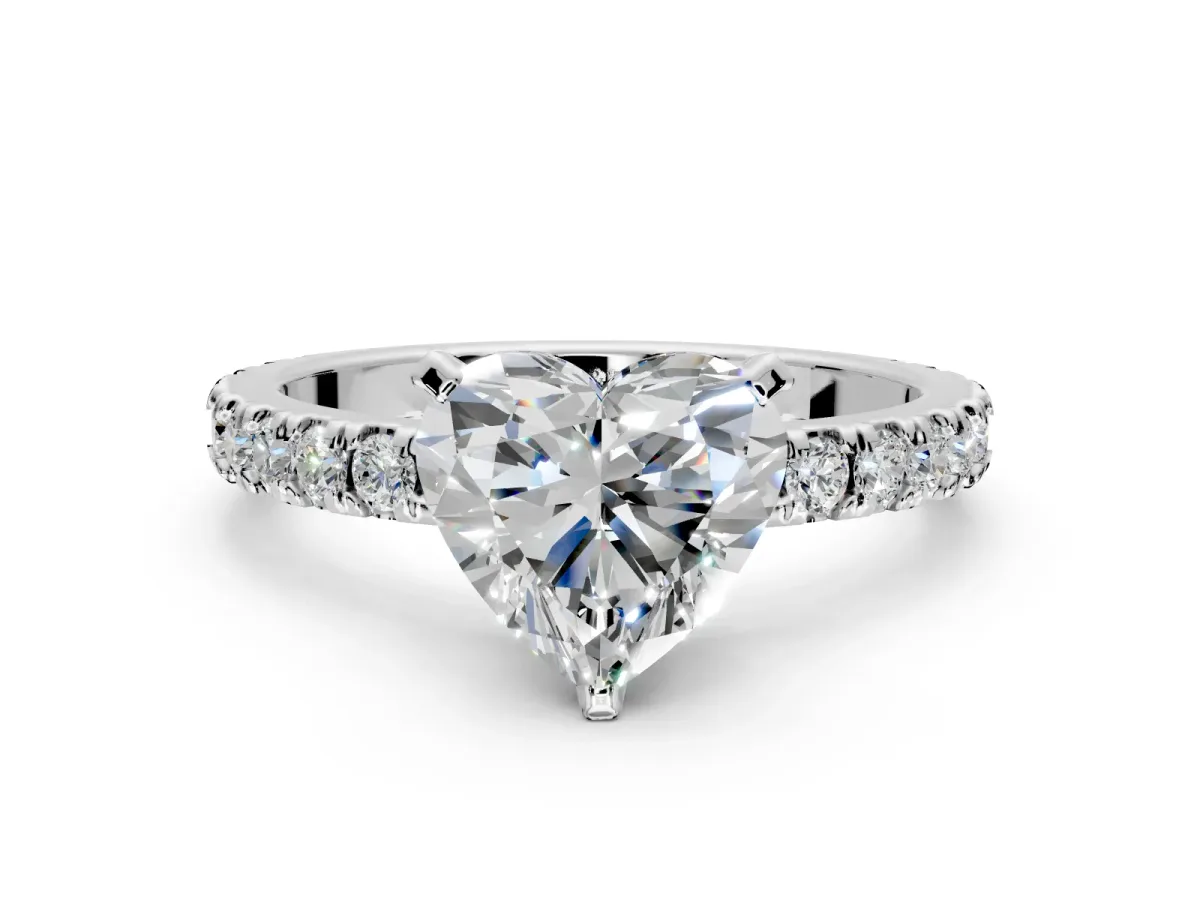 Solitaire Engagement Ring Setting for Heart-Shaped Center with Fine Pave Band and Claw Prong Head in Platinum
