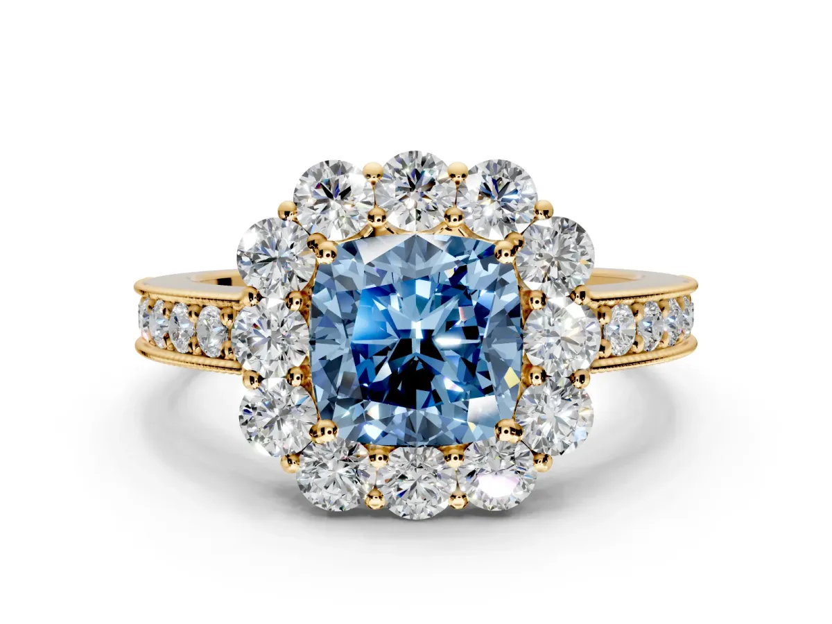 Halo Engagement Ring Setting for Fancy Blue Cushion Cut Center with Milgrain Channel Band and Prong Head in Yellow Gold