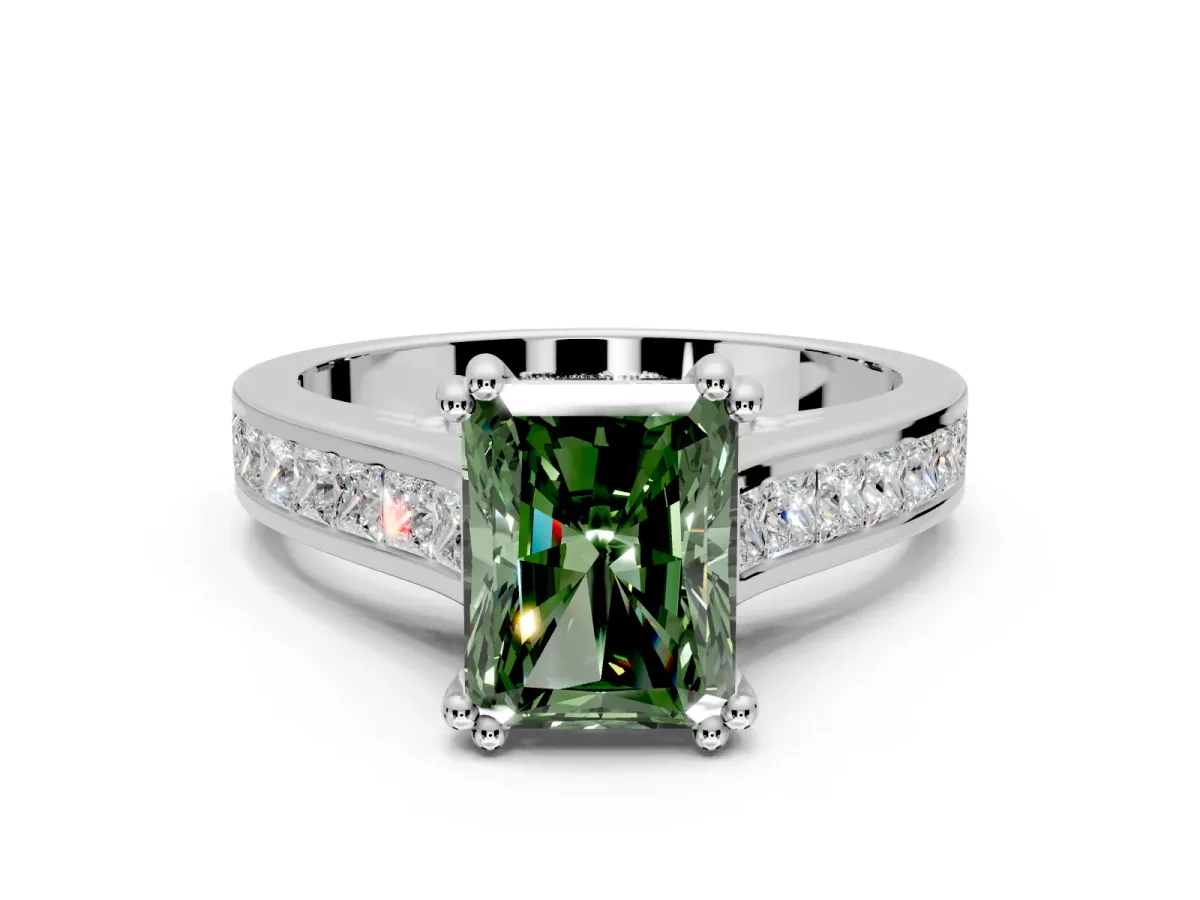 Solitaire Engagement Ring Setting for Fancy Green Radiant Cut Center with Channel Band and Double Claw Prong Head in Platinum