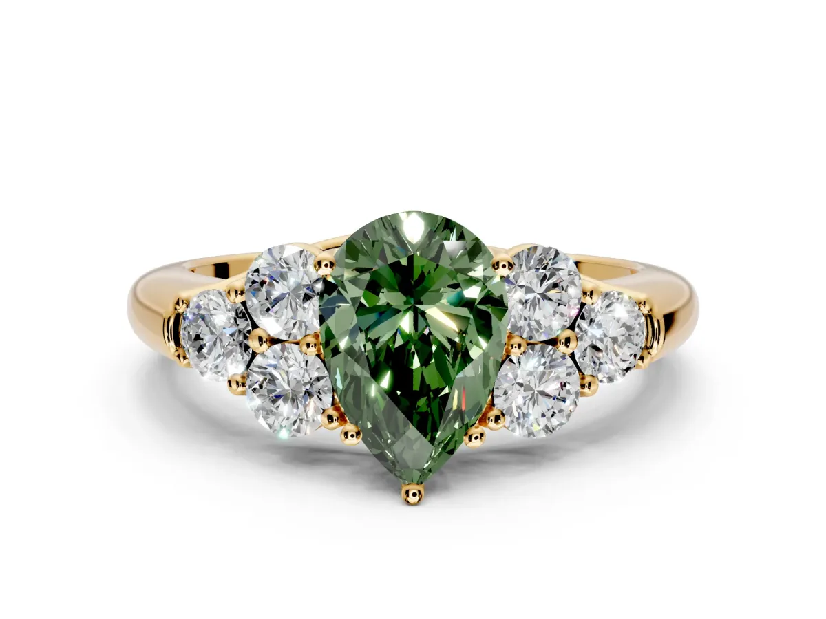 Cluster Engagement Ring Setting for Fancy Green Pear-Shaped Center with Round Cut Accent Frame and Prong Head in Yellow Gold