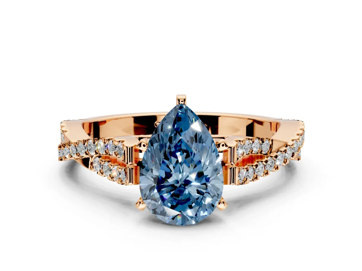 Solitaire Engagement Ring Setting for Fancy Blue Pear-Shaped Center with Twisted Pave Split Shank and Prong Head in Rose Gold