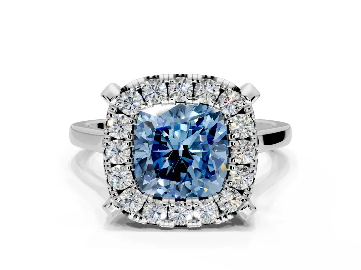 Single Halo Engagement Ring Setting for Fancy Blue Cushion Cut Center with Corner Claws, Plain Band and Prong Head in Sterling Silver