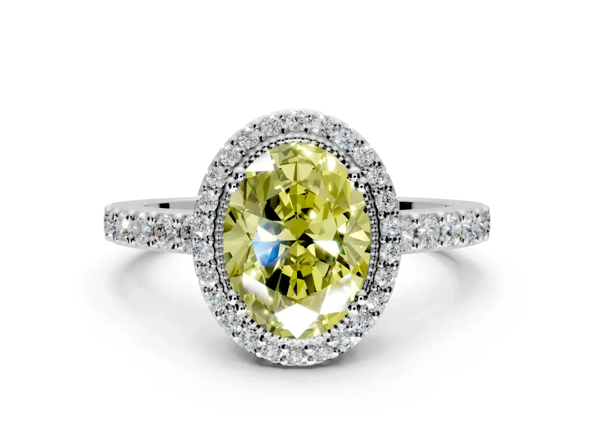 Halo Engagement Ring Setting for Fancy Yellow Oval Center with Inner Milgrain Border and Prong Head in Platinum