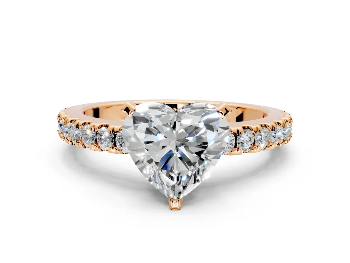 Solitaire Engagement Ring Setting for Heart-Shaped Center with Single Row Accent Band and Prong Head in Rose Gold