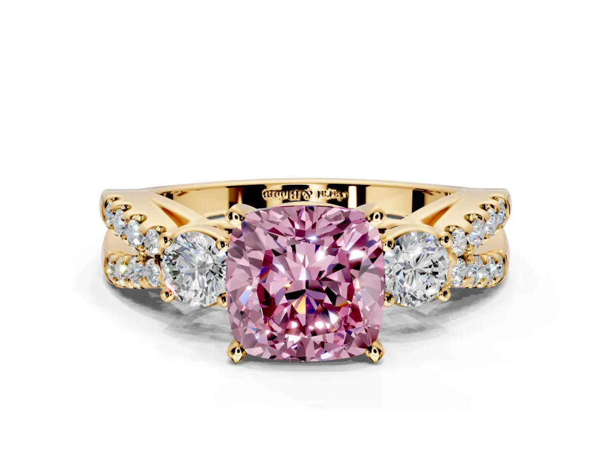 3 Stone Engagement Ring Setting for Fancy Pink Cushion Cut Center with Pave Split Shank and Prong Head in Yellow Gold