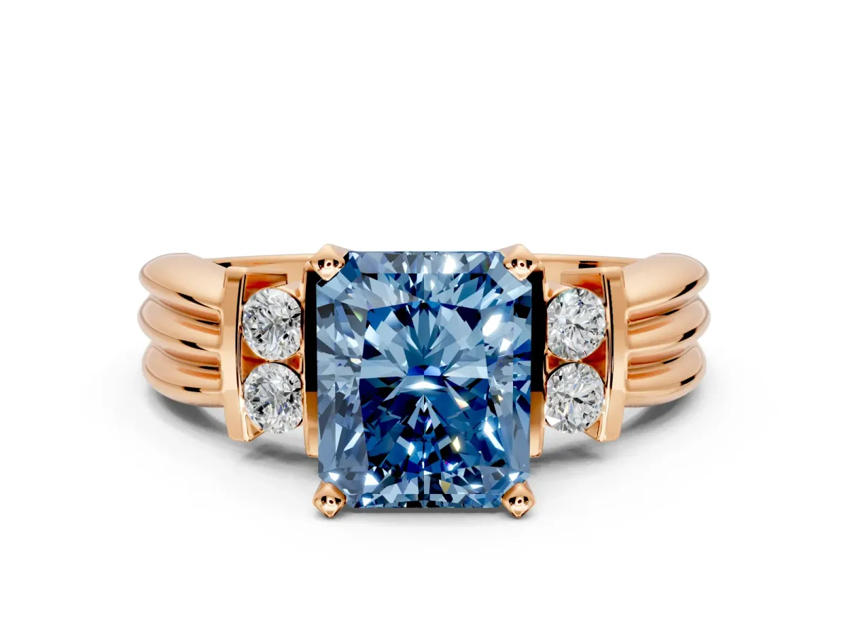 Solitaire Engagement Ring Setting for Fancy Blue Radiant Cut Center with Grooved Bar Accent Band and Prong Head in Rose Gold