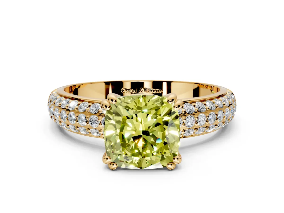 Solitaire Engagement Ring Setting for Fancy Yellow Cushion Cut Center with Multi-Row Pave Accents and Basket Head in Yellow Gold