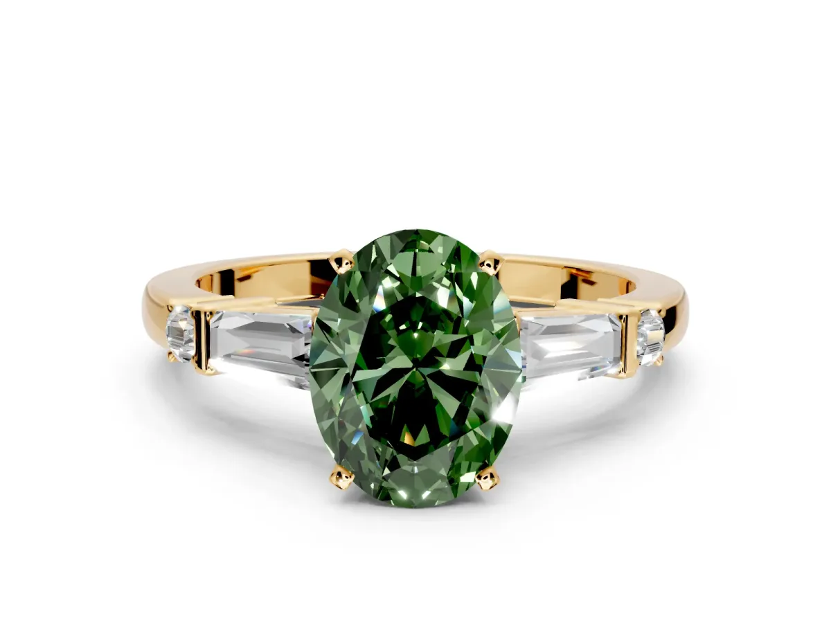 Bar-Set Engagement Ring Setting for Fancy Green Oval Center with Tapered Baguette Accents and Prong Head in Yellow Gold