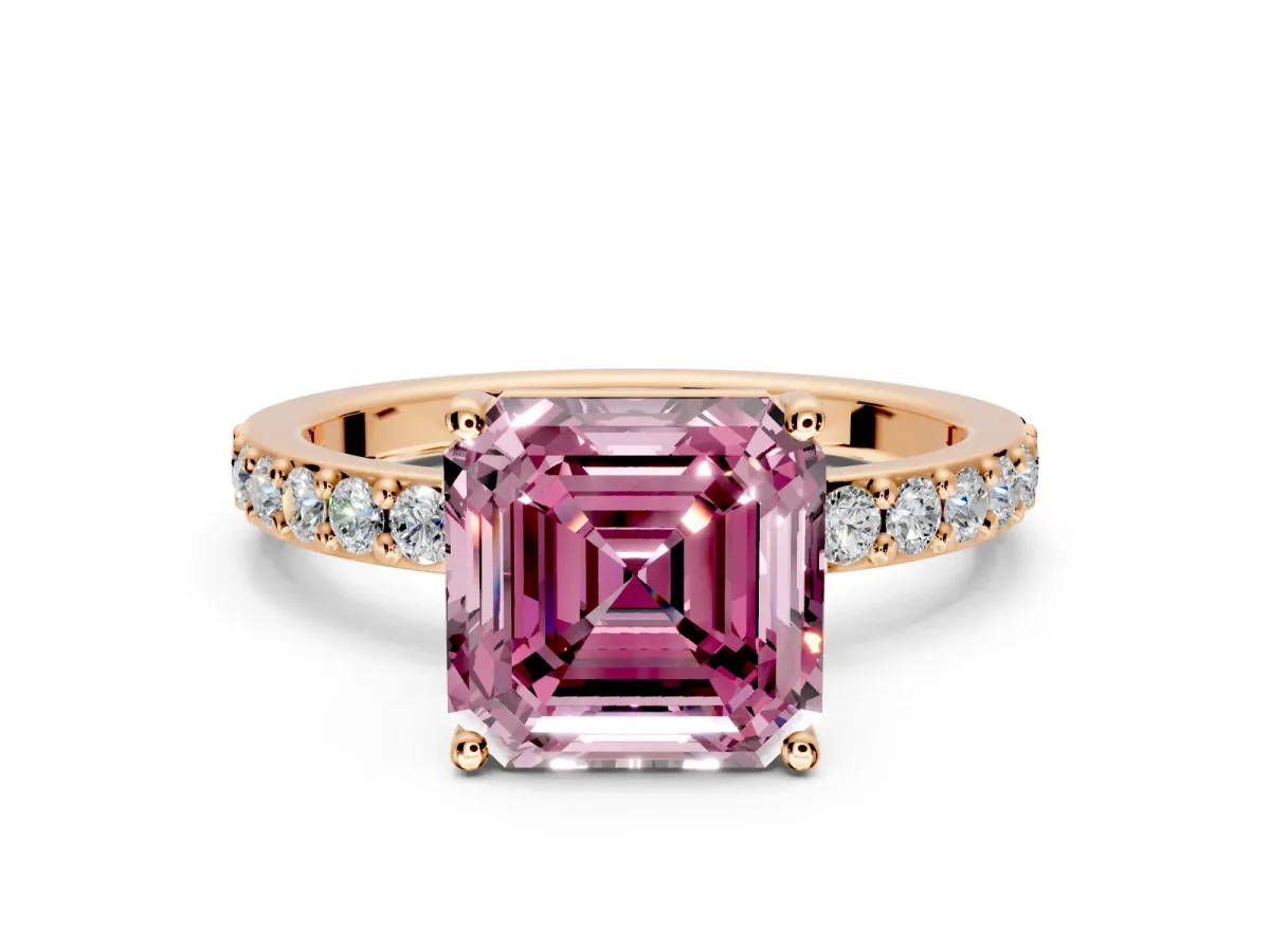 Solitaire Engagement Ring Setting for Fancy Pink Asscher Cut Center with Round Cut Pave Band and Prong Head in Rose Gold