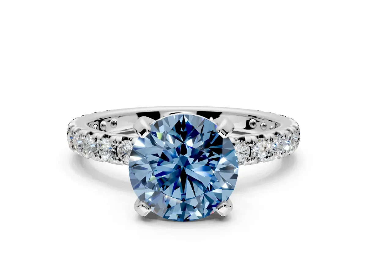 Solitaire Engagement Ring Setting for Fancy Blue Round Cut Center with Shared-Prong Accents and Prong Head in Platinum
