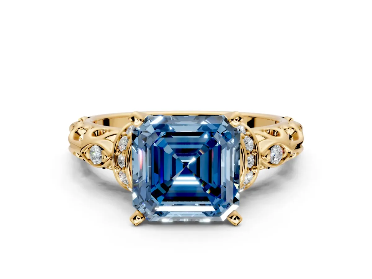 Solitaire Engagement Ring Setting for Fancy Blue Asscher Cut Center with Filigree Band and Prong Head in Yellow Gold