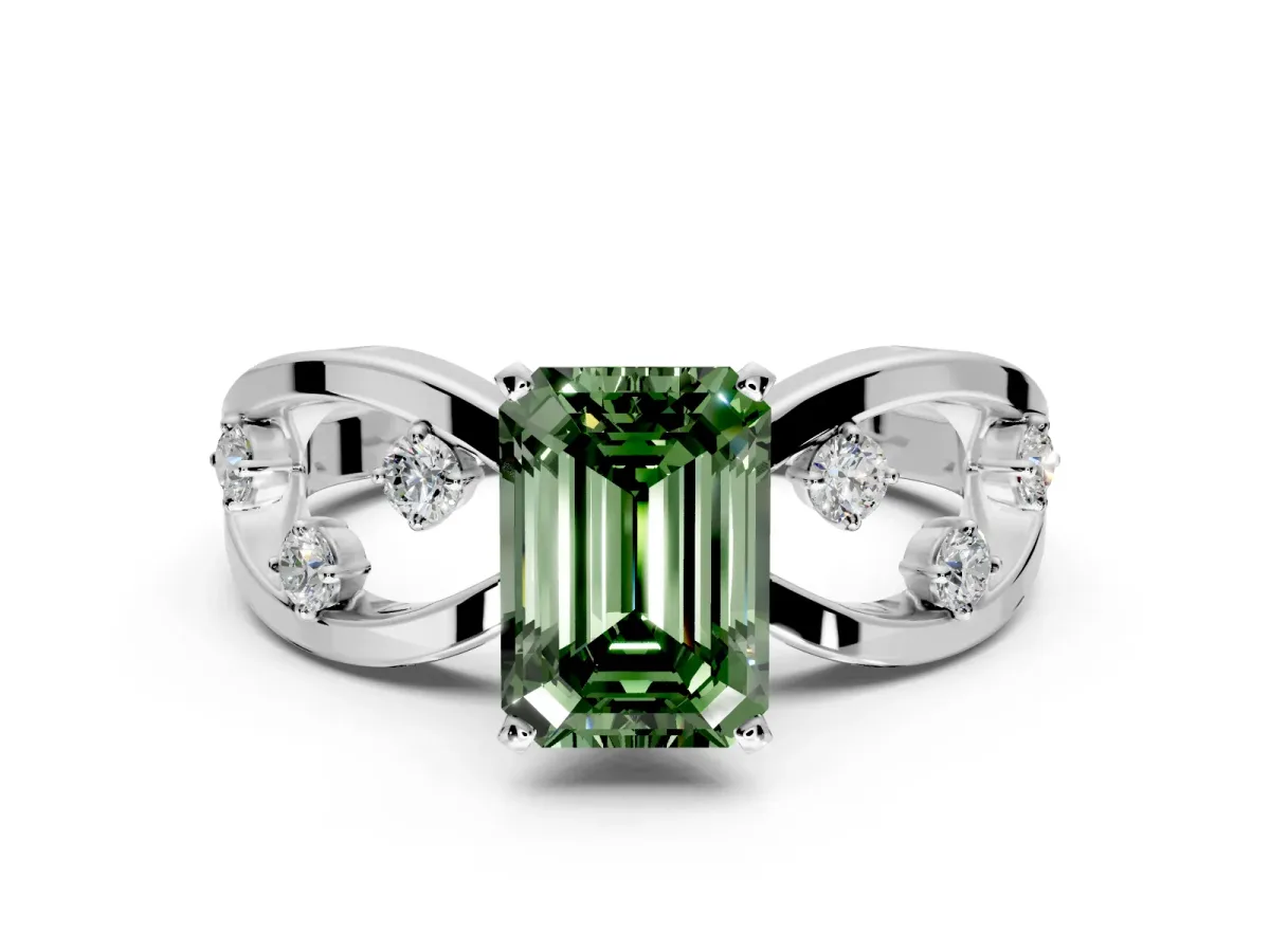 Solitaire Engagement Ring Setting for Fancy Green Emerald Cut Center with Criss-Cross Accent Band and Prong Head in Platinum
