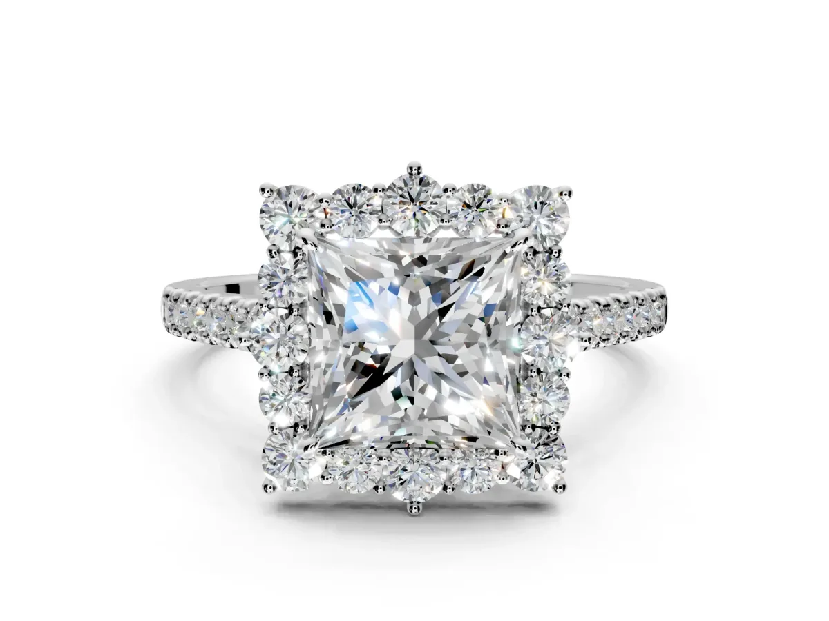 Halo Engagement Ring Setting for Princess Cut Center with Single-Row Pave, Open Basket and Prong Head in Sterling Silver