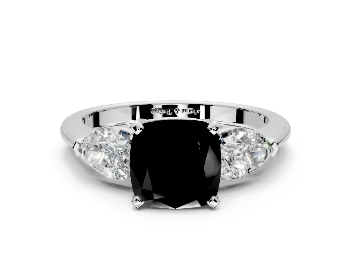 3 Stone Engagement Ring Setting for Fancy Black Cushion Cut Center with Large Pear-Shaped Accents and Prong Head in Platinum
