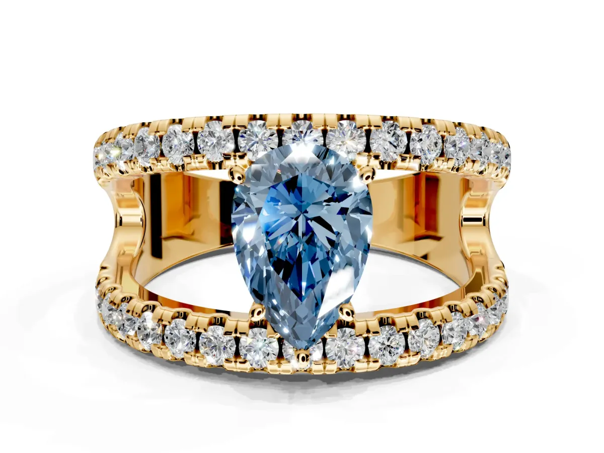 Solitaire Engagement Ring Setting for Fancy Blue Pear-Shaped Center with Wide-Open Split Shank and Prong Head in Yellow Gold