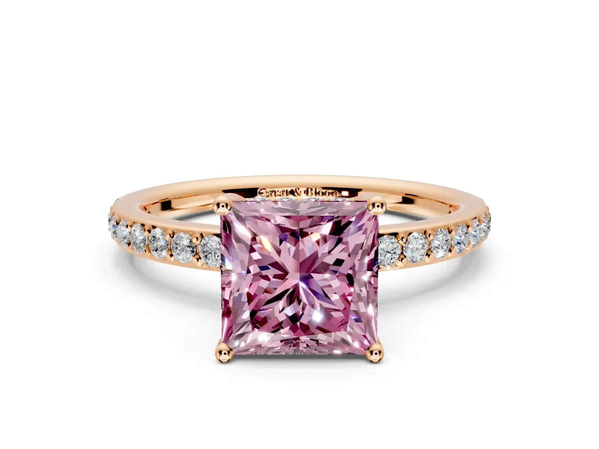 Solitaire Engagement Ring Setting for Fancy Pink Princess Cut Center with Fine Pave Band and Prong Head in Rose Gold