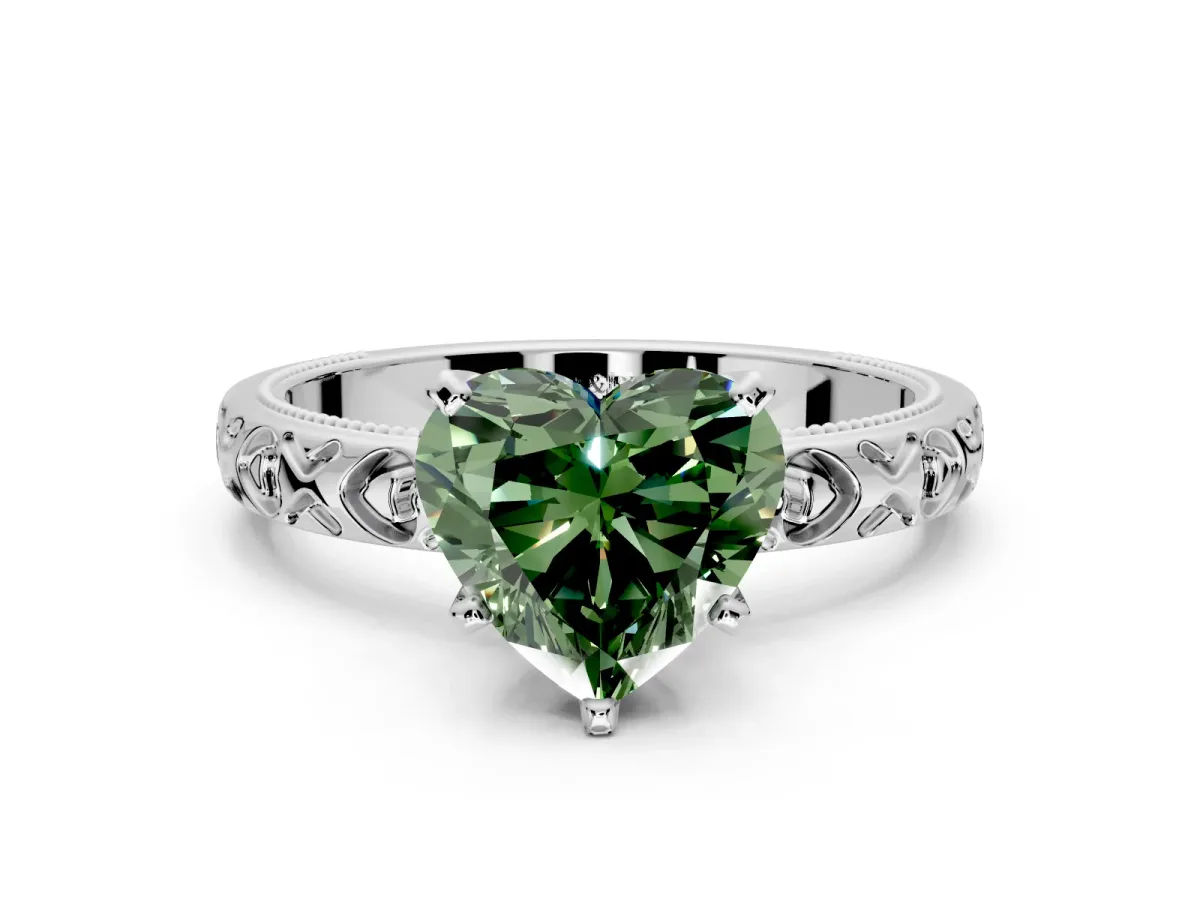 Solitaire Engagement Ring Setting for Fancy Green Heart-Shaped Center with XO Engraved Band and Prong Head in Sterling Silver