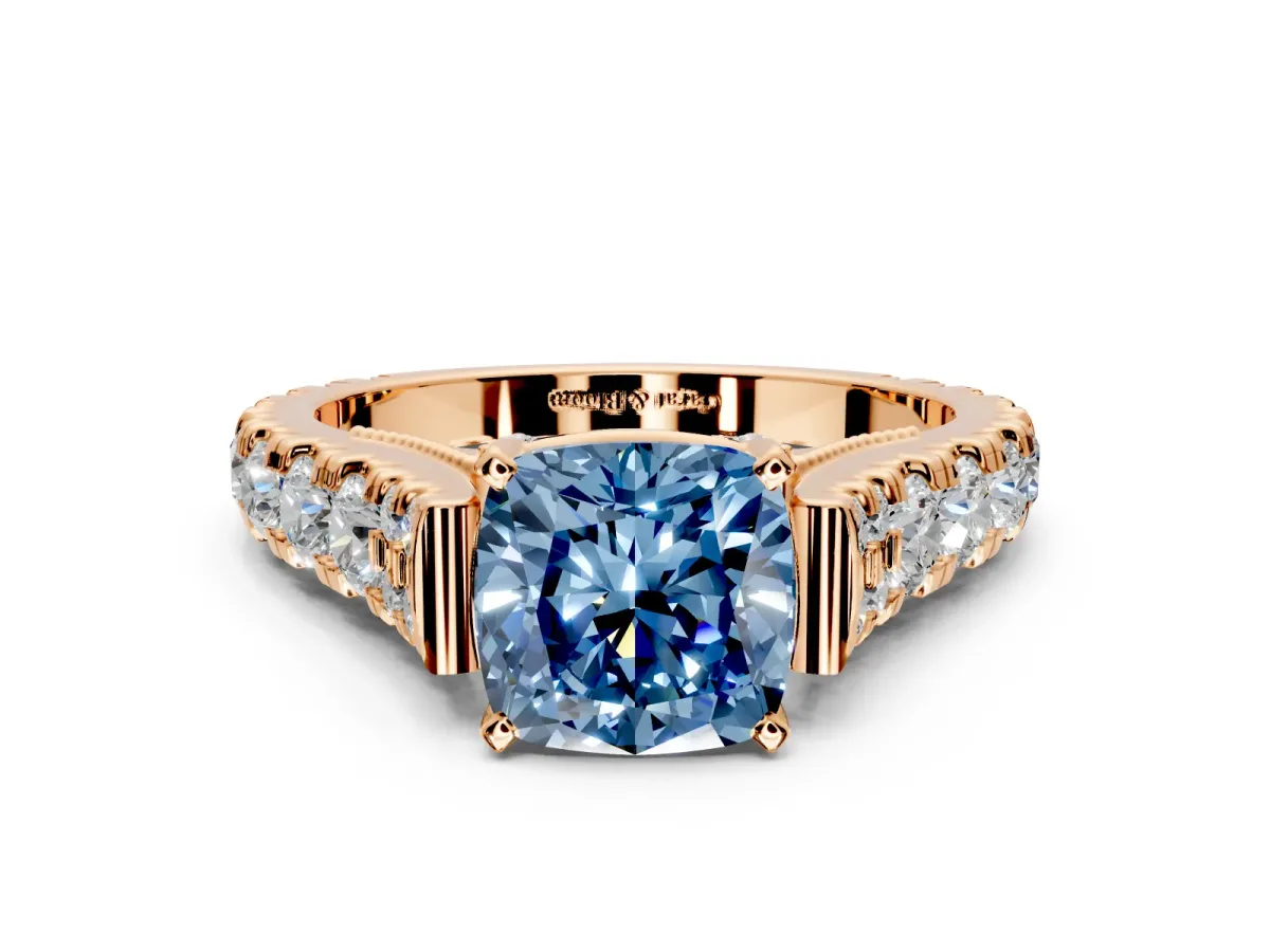 Solitaire Engagement Ring Setting for Fancy Blue Cushion Cut Center with Pave Cathedral Shoulders and Prong Head in Rose Gold